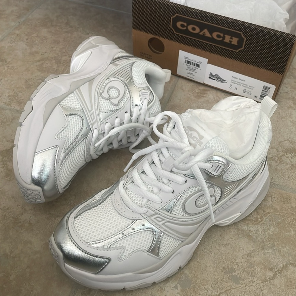 Coach Women's Metallic Mesh Sneaker, White/Grey, 6 - Picture 3 of 14